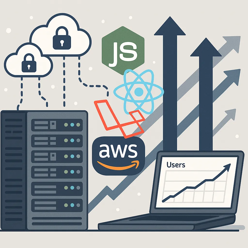 Visual of scalable tech stack for Fansly clone apps with Node.js, AWS, and React logos, cloud infrastructure, and upward user growth graph.