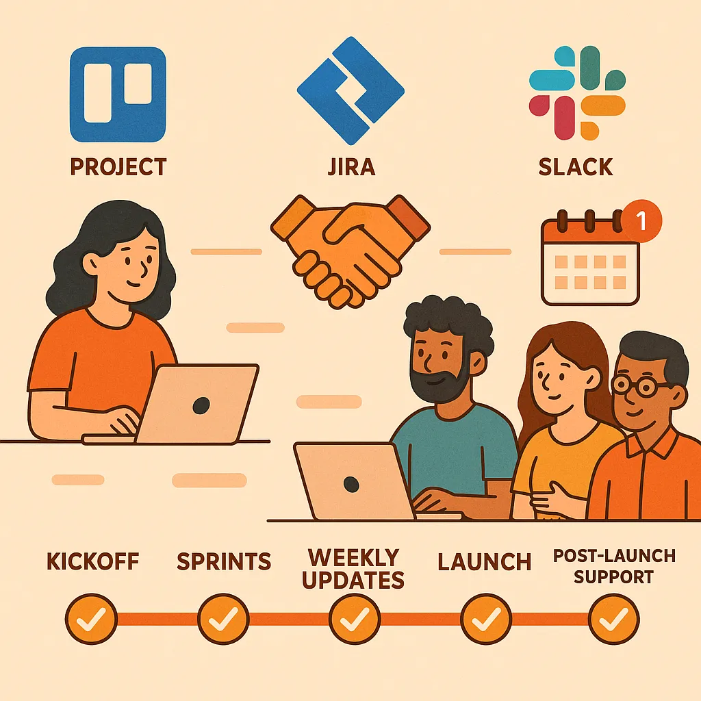 Infographic depicting app development communication workflow using Trello and Slack, with a visual timeline and team collaboration tools.