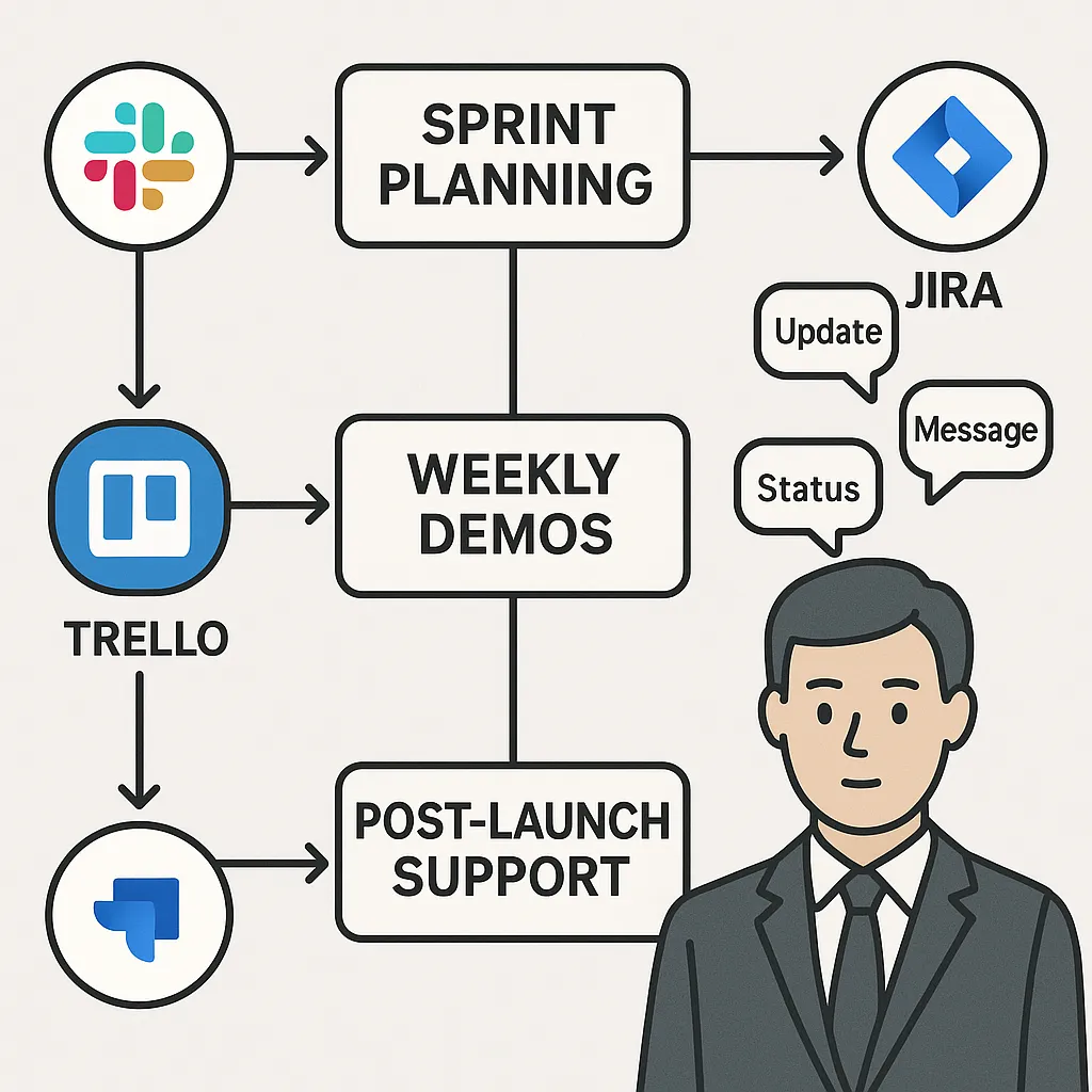 Communication and workflow infographic showing tools like Slack, Trello, and project timelines for Myntra clone development.