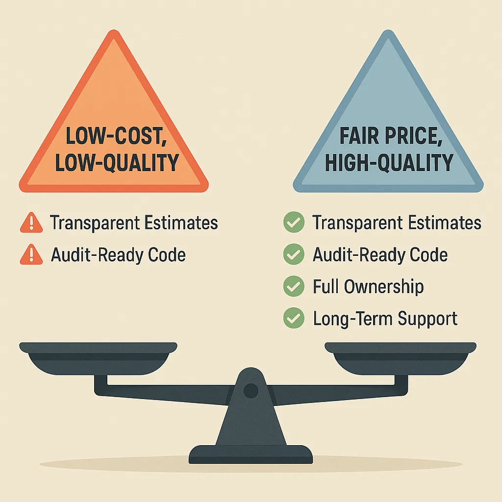 Comparison graphic illustrating pricing vs quality for GMX clone development, highlighting value of detailed estimates, secure code, and ongoing support.