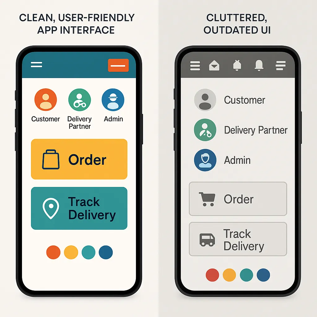 Comparison of modern and outdated UI designs for a Rappi clone app showcasing mobile first user friendly and brand customizable layouts
