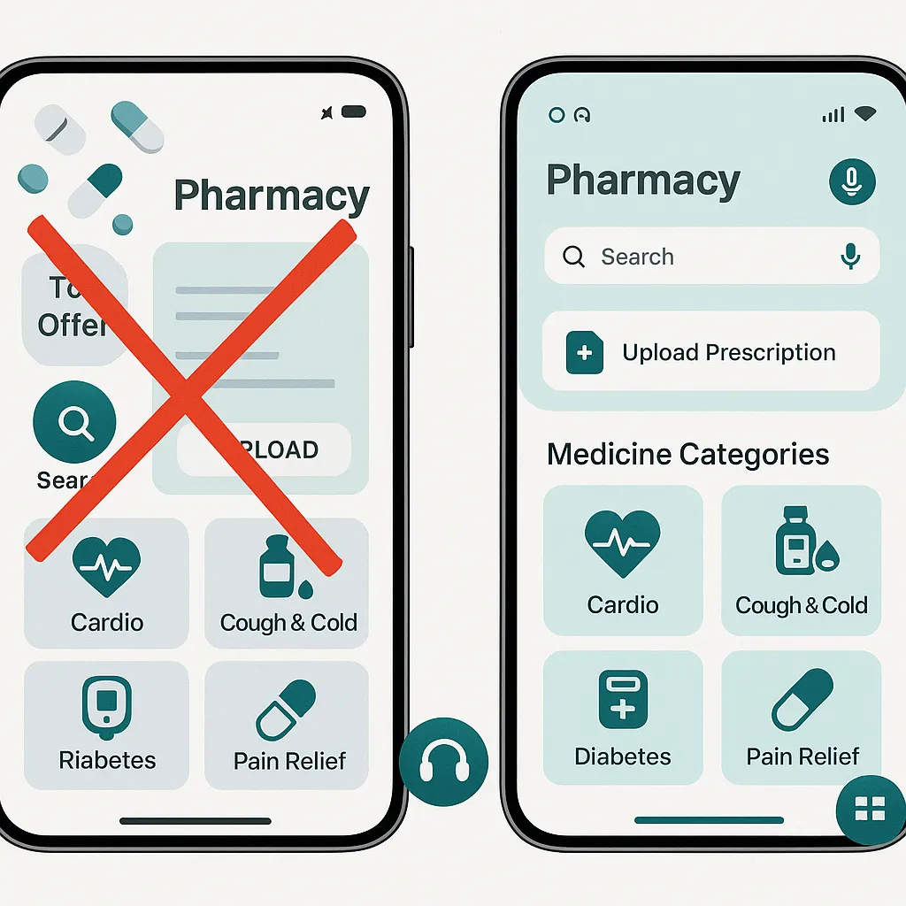 Comparison of poor vs. user-friendly UI for Netmeds clone app showing clear layout, accessibility, and mobile responsiveness