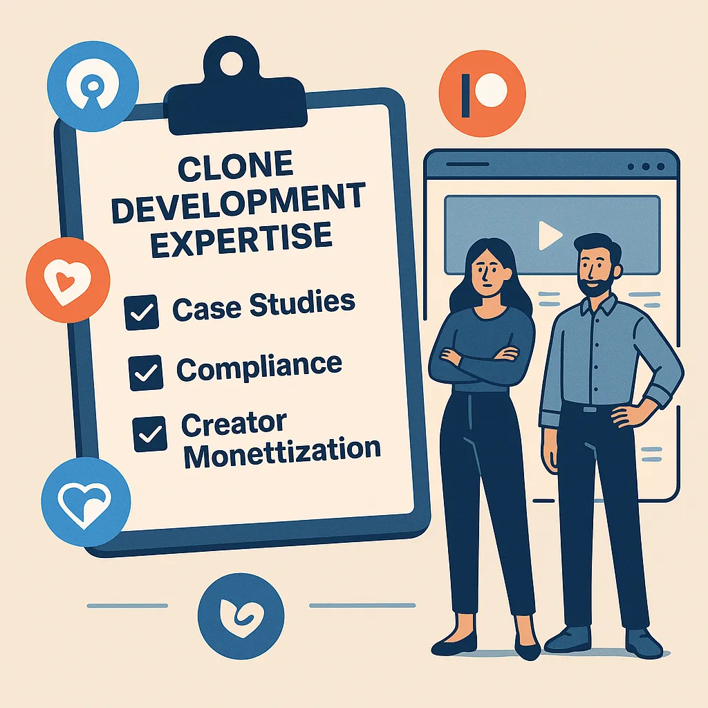 Infographic showing clone app development expertise with checklist, team illustration, and visual cues like Fansly, Patreon icons, and monetization tags.