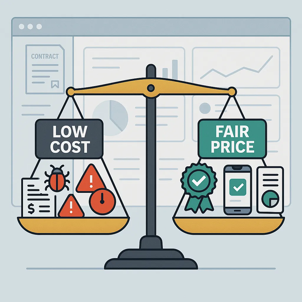 Infographic comparing pricing models, highlighting the value of choosing quality over cheap rates when hiring a Gemini clone app developer.