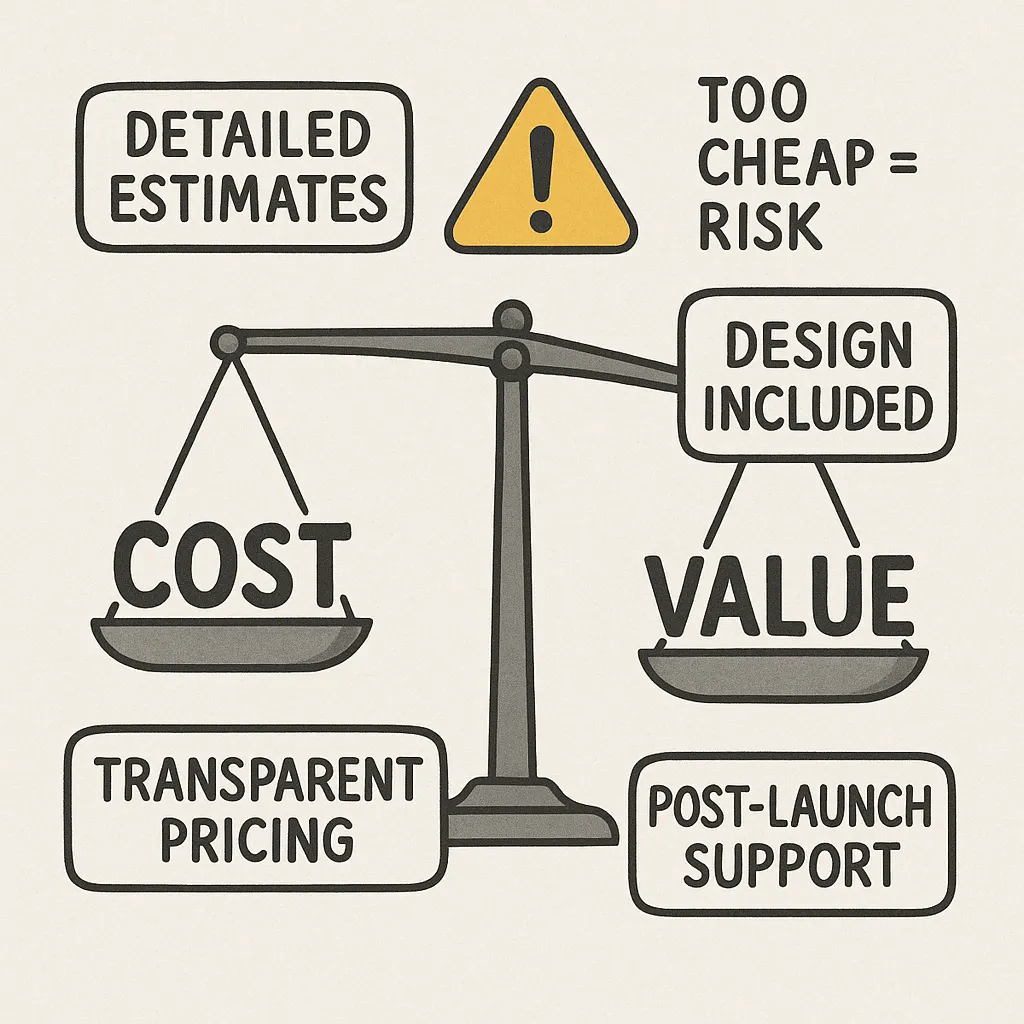 Balanced pricing vs. value infographic with labeled features like detailed estimates, transparent pricing, and a warning against underpriced development.