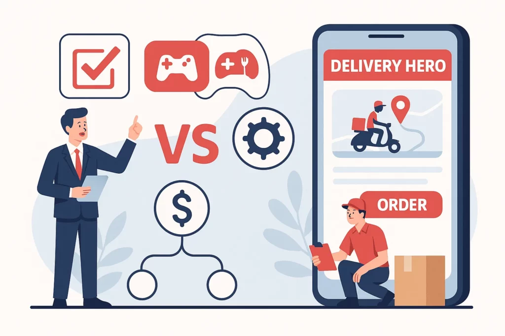 A startup founder choosing between a Delivery Hero clone and custom development, represented by two road signs, a delivery app, scooter rider, and growth chart.