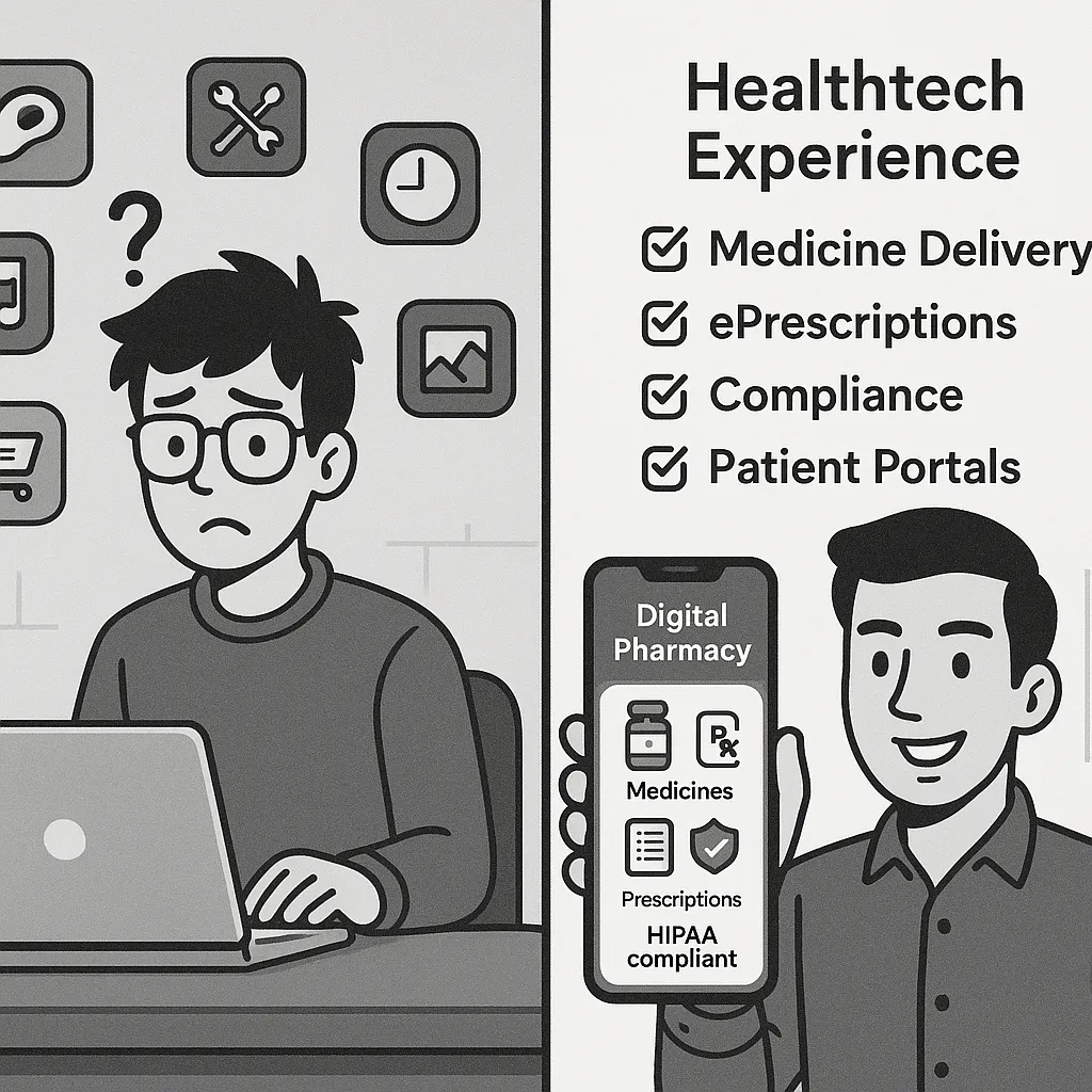 Developer with digital pharmacy experience showcasing healthtech domain expertise for 1mg clone development