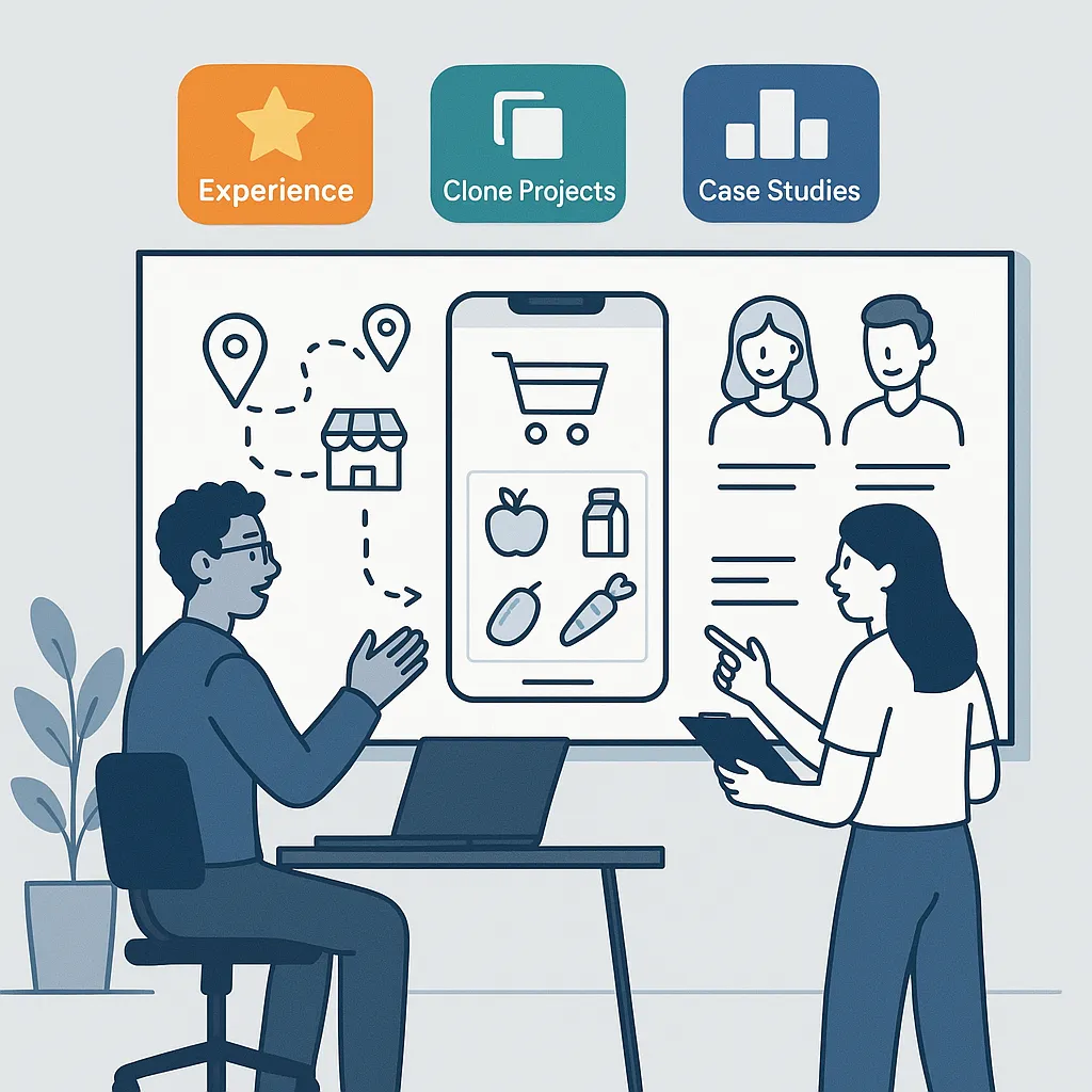 Developers brainstorming grocery delivery app with focus on domain expertise, showcasing past clone projects and case studies.