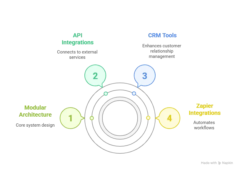 Diagram showing modular architecture of Blueground clone with integrations like Zapier, CRM, and third-party APIs