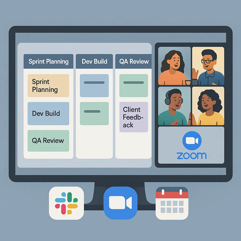 Illustration of collaborative development workflow with project management tools and team communication, emphasizing transparent and agile project handling.