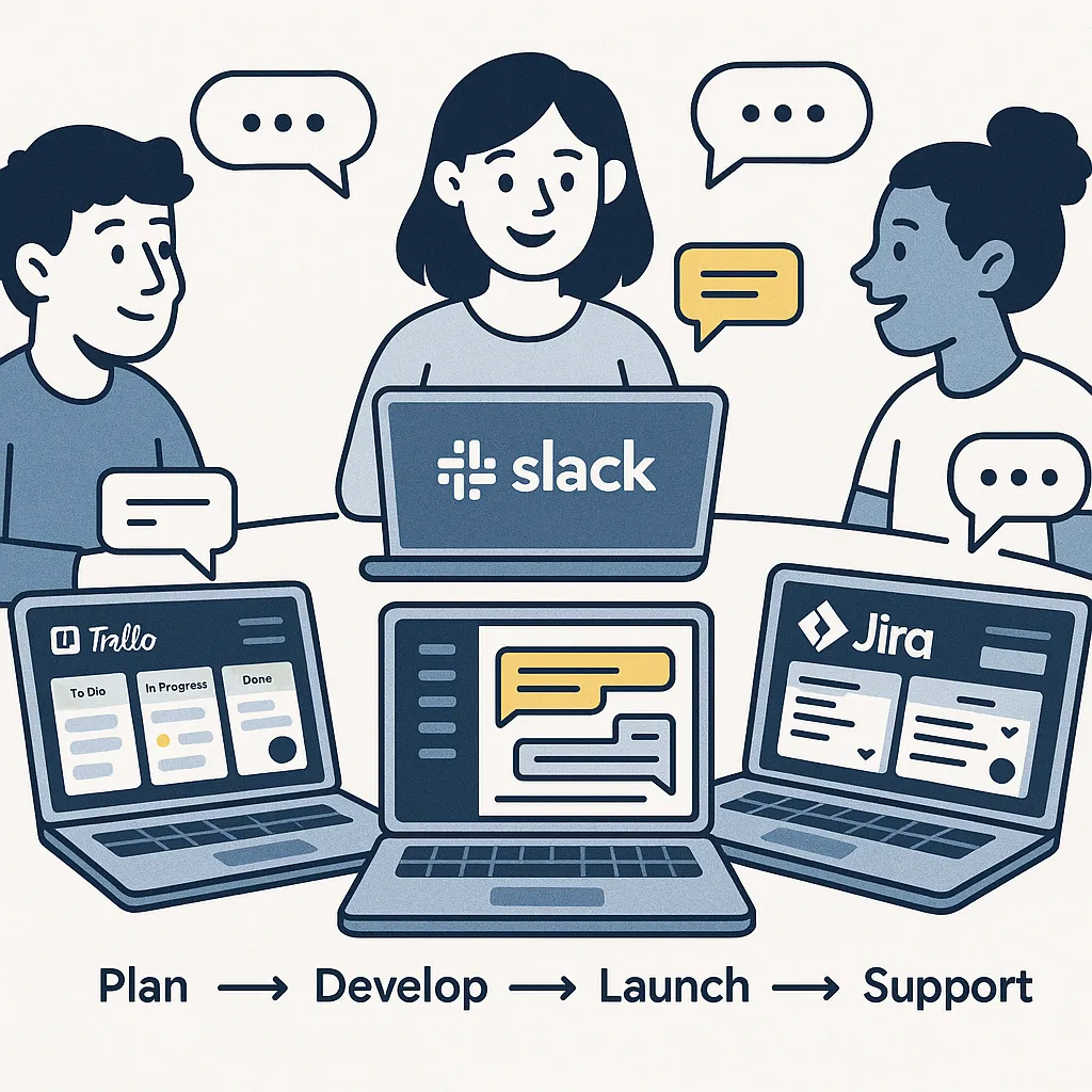Infographic depicting app development communication workflow using Trello and Slack, with a visual timeline and team collaboration tools.