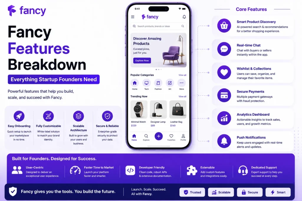 Modern Fancy-inspired feature image showcasing essential marketplace features including product discovery, personalized recommendations, wishlists, secure payments, analytics, and scalable eCommerce tools in a clean purple-and-white design.