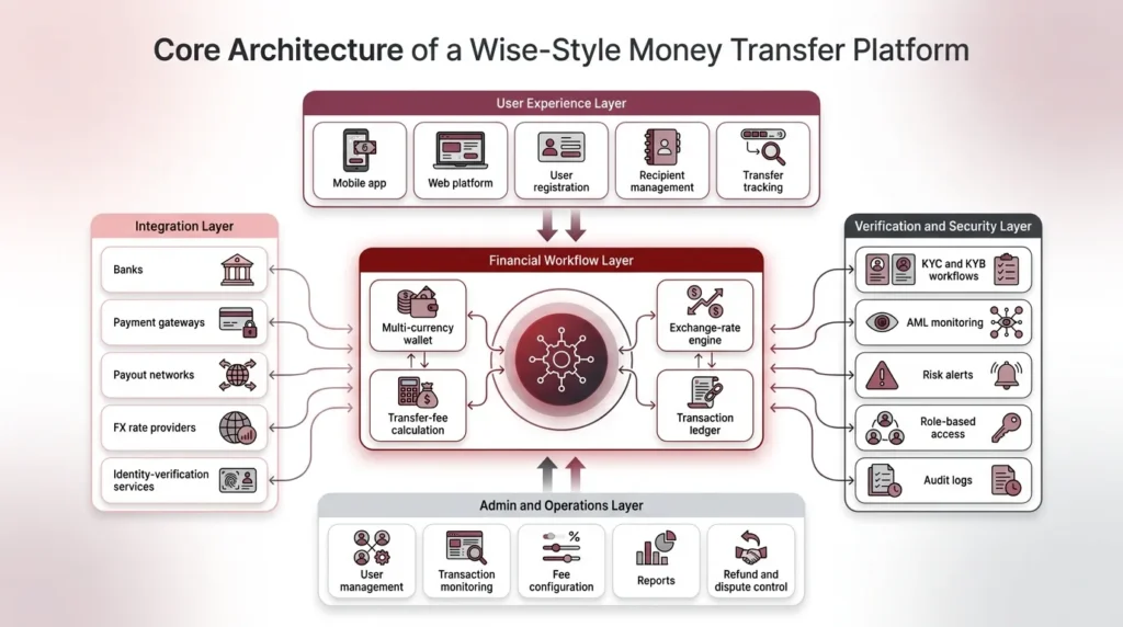 Core architecture of a Wise clone script showing user apps, multi-currency wallets, integrations, security workflows, and admin controls.