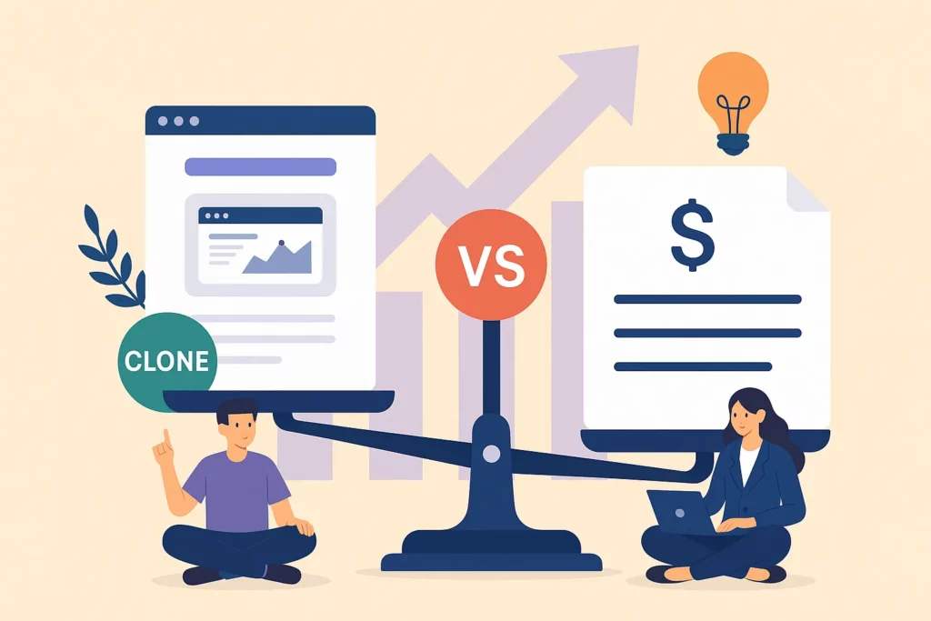 A creative digital illustration of a startup founder using a Flippa clone platform on a laptop