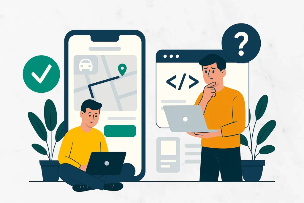 Illustration of a startup founder launching a multi-service app using a Gozek Clone platform with a rocket background
