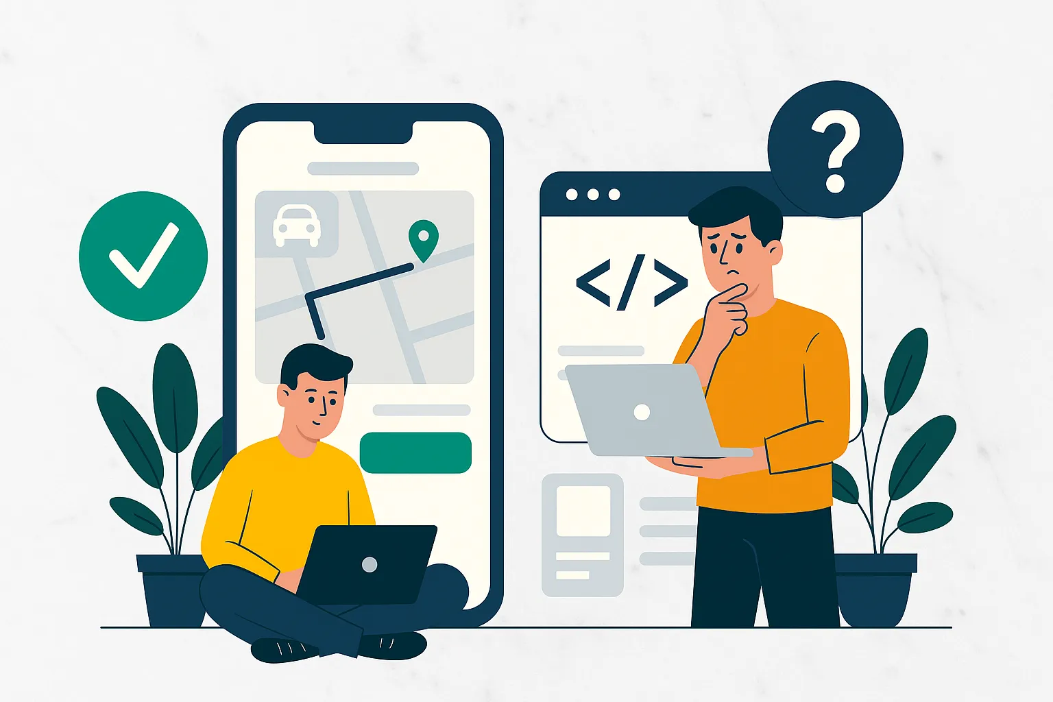 Illustration of a startup founder launching a multi-service app using a Gozek Clone platform with a rocket background