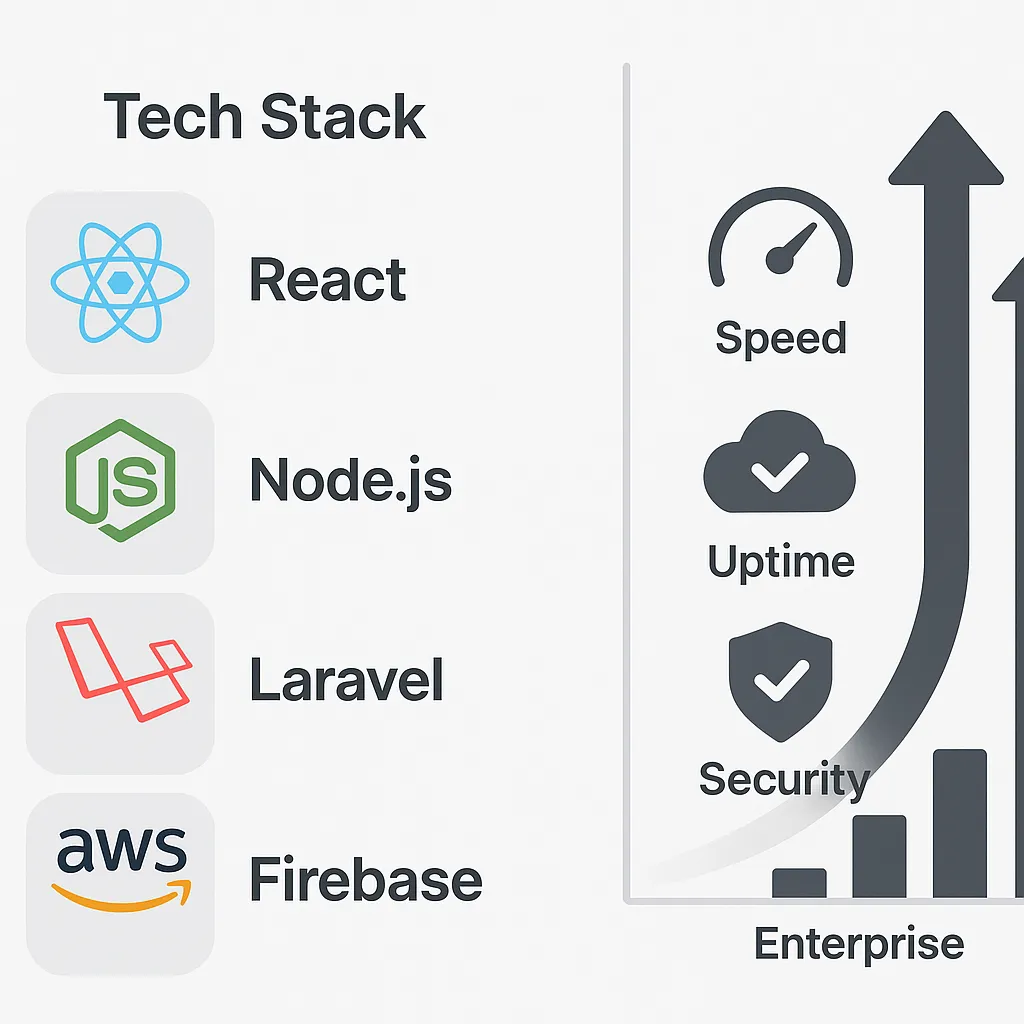 Graphic showing modern tech stack components and scalability indicators like AWS, Firebase, and security for a robust Blueground clone platform.