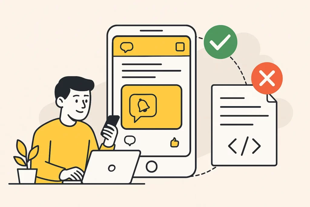 Illustration showing startup founders choosing between Honk clone and custom development, with a growth idea, tow truck, and document failure symbol