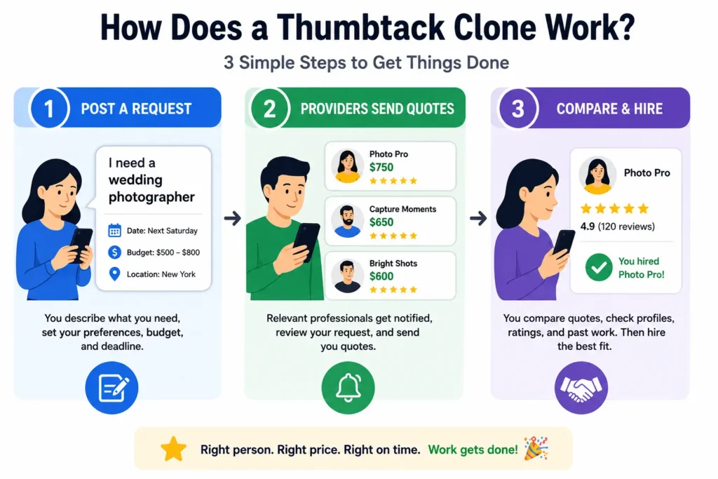Simple three-step infographic explaining how a Thumbtack clone works: customers post a service request with budget and deadline, relevant professionals send quotes, and customers compare profiles, ratings, and prices before hiring the best provider.