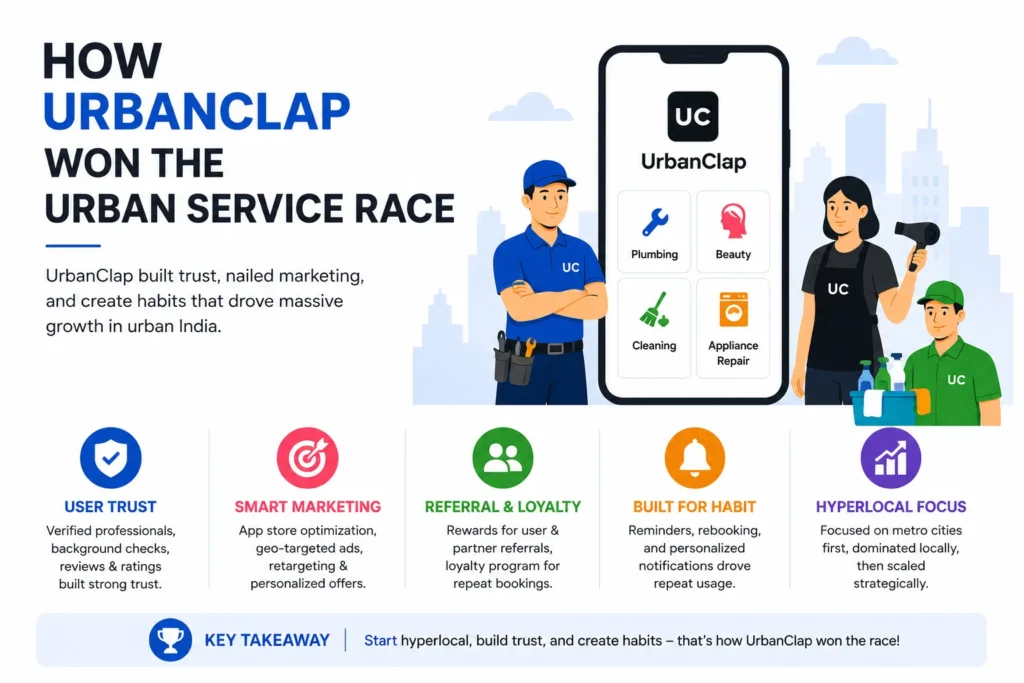Simple vector infographic showing how UrbanClap won the urban service race through user trust, smart marketing, referrals, loyalty, habit-building, and hyperlocal growth.