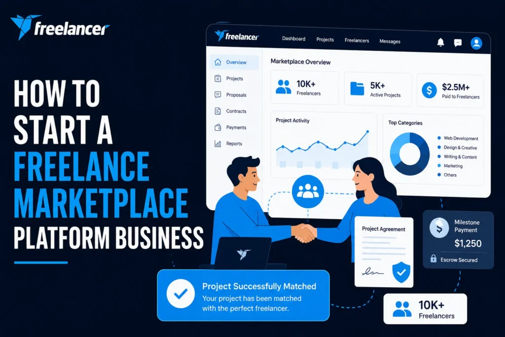 Freelance marketplace platform business infographic showing freelancer-client matching, escrow payments, project contracts, milestone payments, and online freelance marketplace dashboard management.