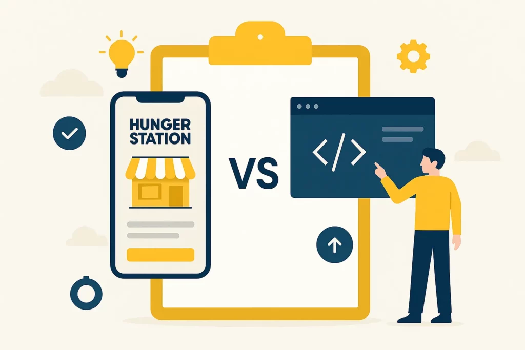 Man using food delivery app on smartphone beside development interface HungerStation clone