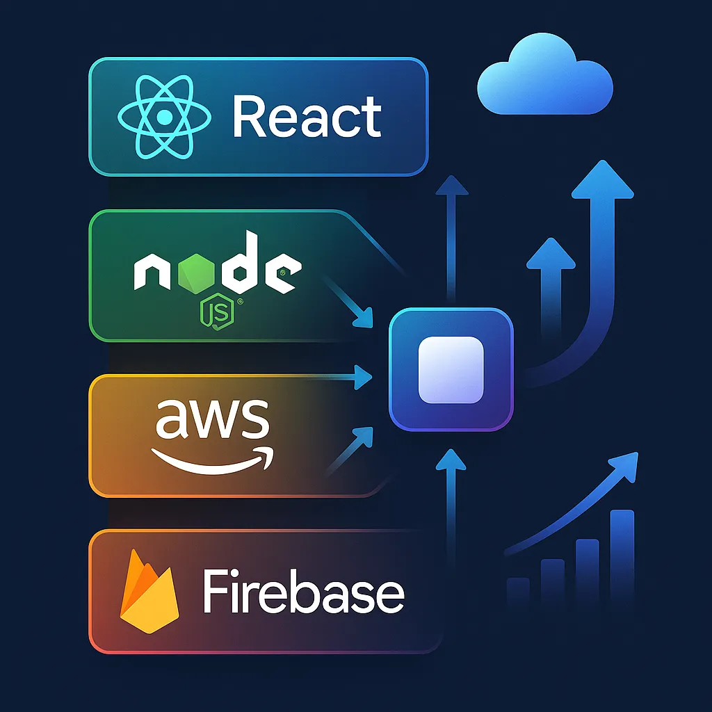 Illustrated tech stack for scalable Netmeds clone app including React, Node.js, AWS with growth and security elements