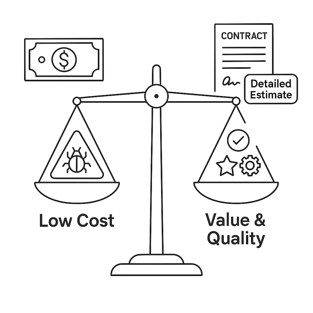Illustration comparing cheap vs. quality-focused app development pricing, emphasizing value-based investment and detailed project estimation for better results.