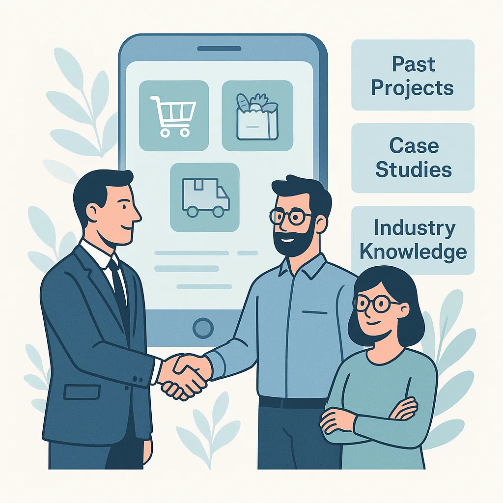 Illustration of a business owner choosing an experienced app development team with expertise in delivery and eCommerce platforms, showcasing project history and domain knowledge.