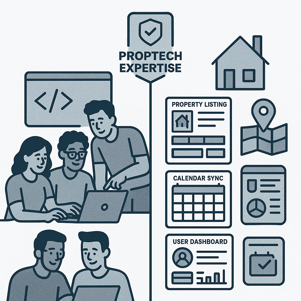 Illustration of a developer team with experience in vacation rental apps, showing elements like booking systems, calendar sync, and domain-specific expertise.