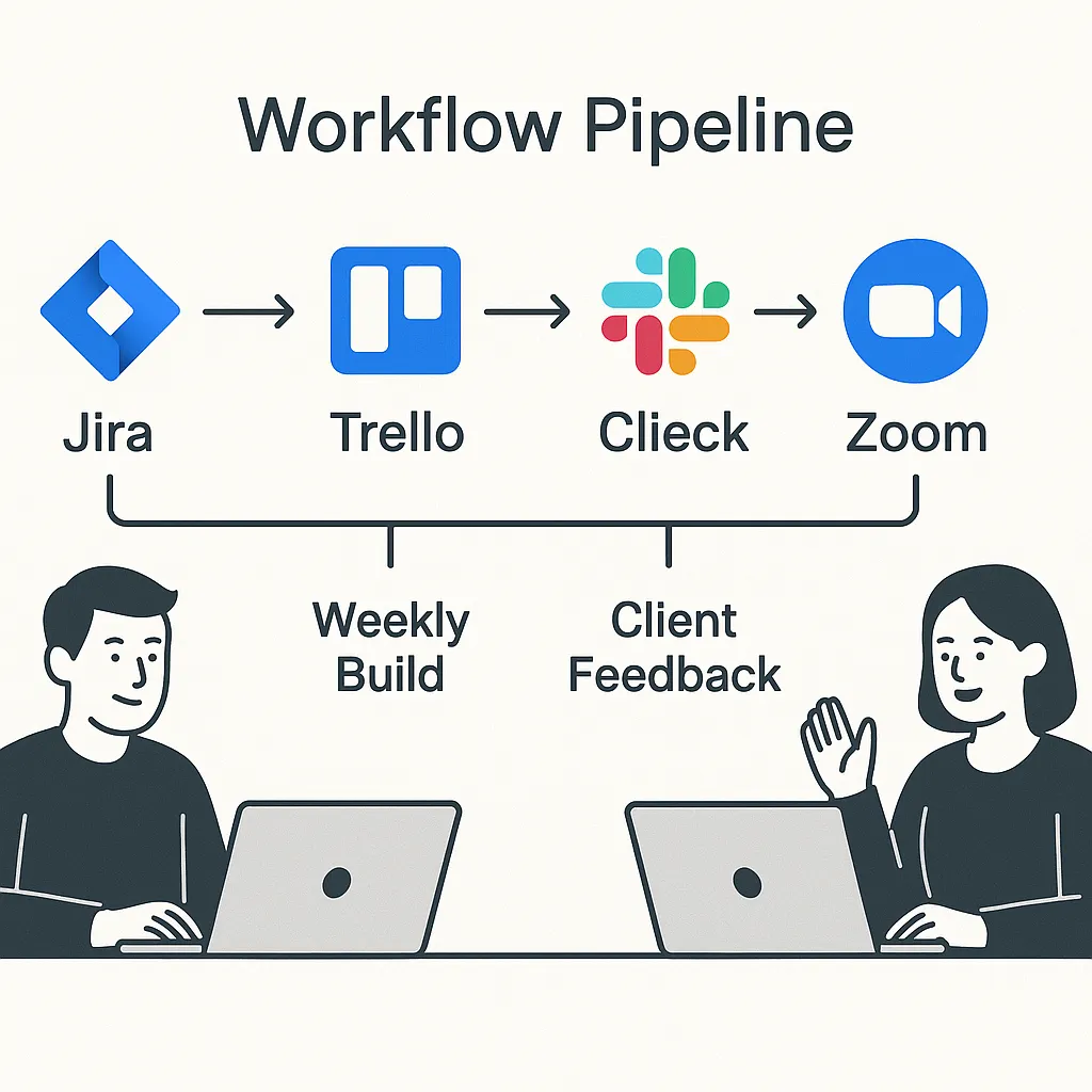 Illustration of agile communication and project management workflow with tools like Slack and Jira used in Blueground clone development.