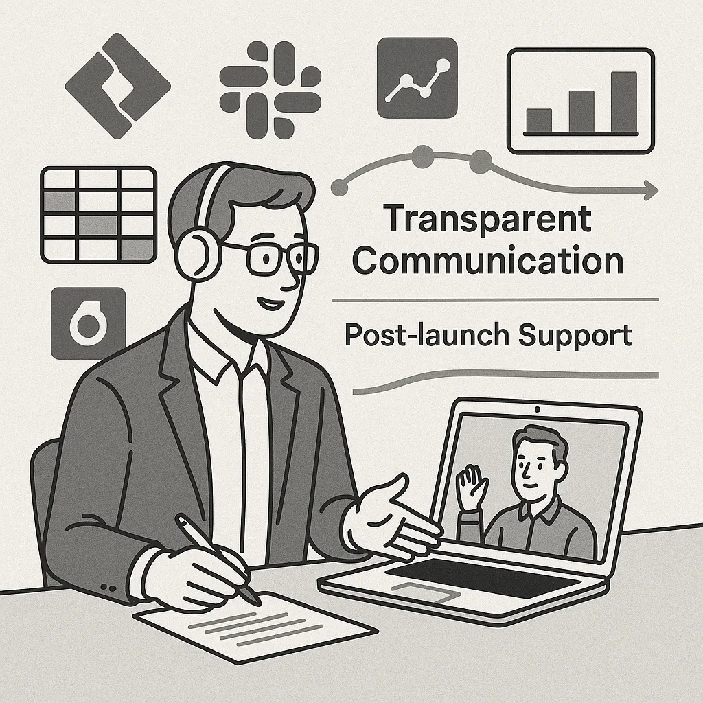 Illustration of development workflow with project manager using agile tools and communication platforms to manage a Bolt clone project.