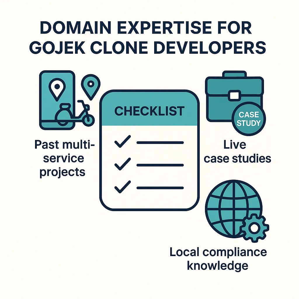 Infographic checklist showing key domain expertise criteria for hiring a Gojek clone developer, including past projects, case studies, and regional compliance.