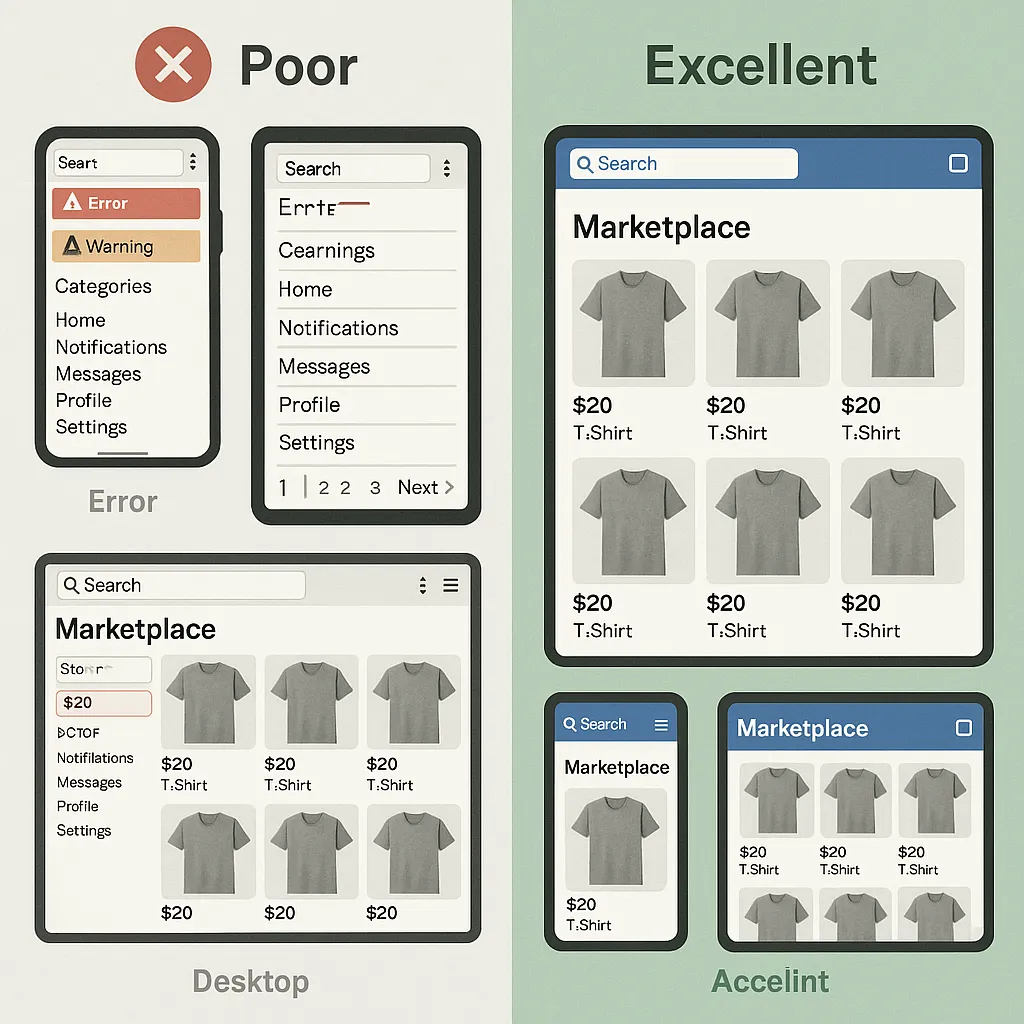 Infographic comparing bad and good UI-UX design for an Etsy-style app, with clear visuals of responsive layouts and customized branding.