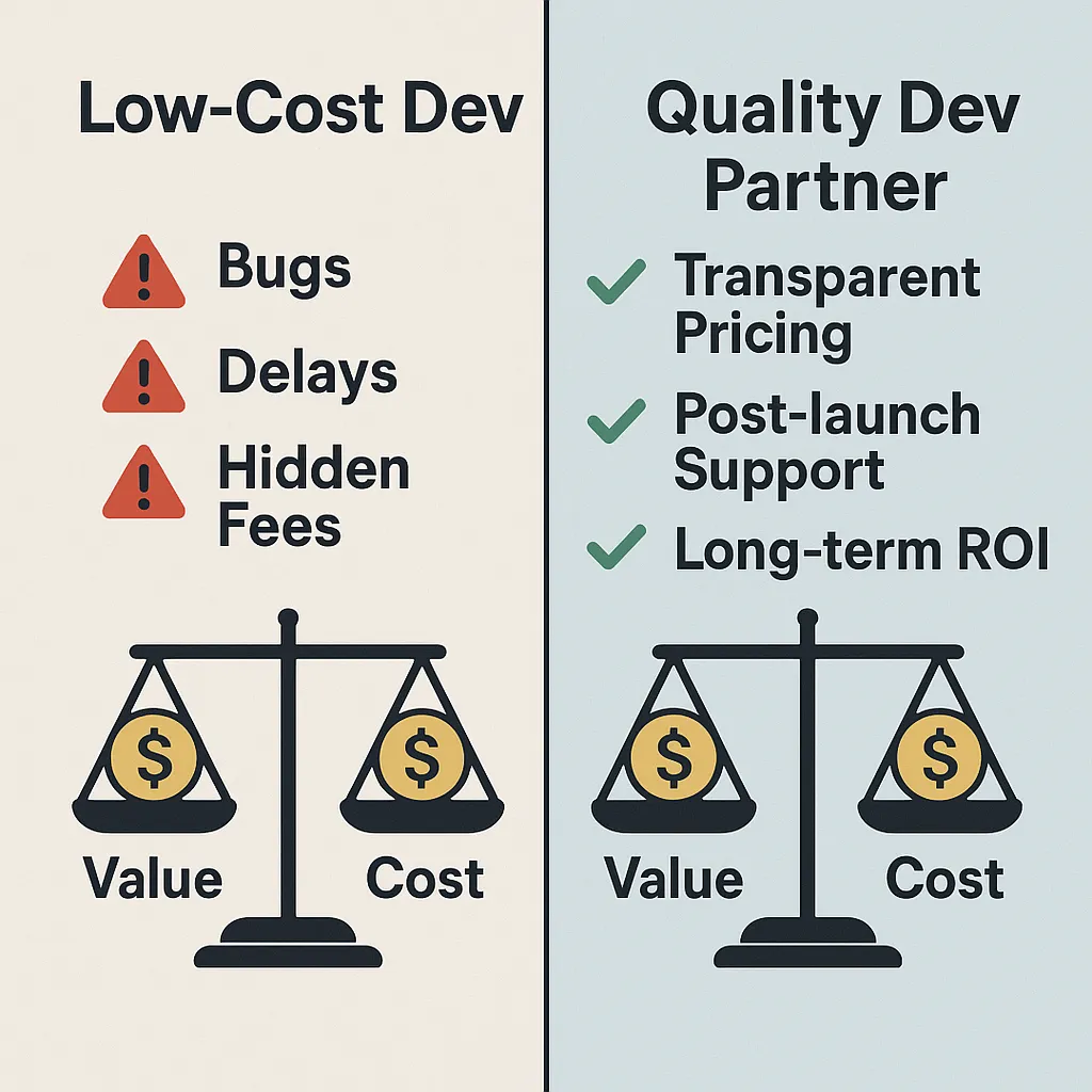 Infographic comparing cheap vs. quality development options for Yatra clone apps, highlighting transparency, long-term value, and support.
