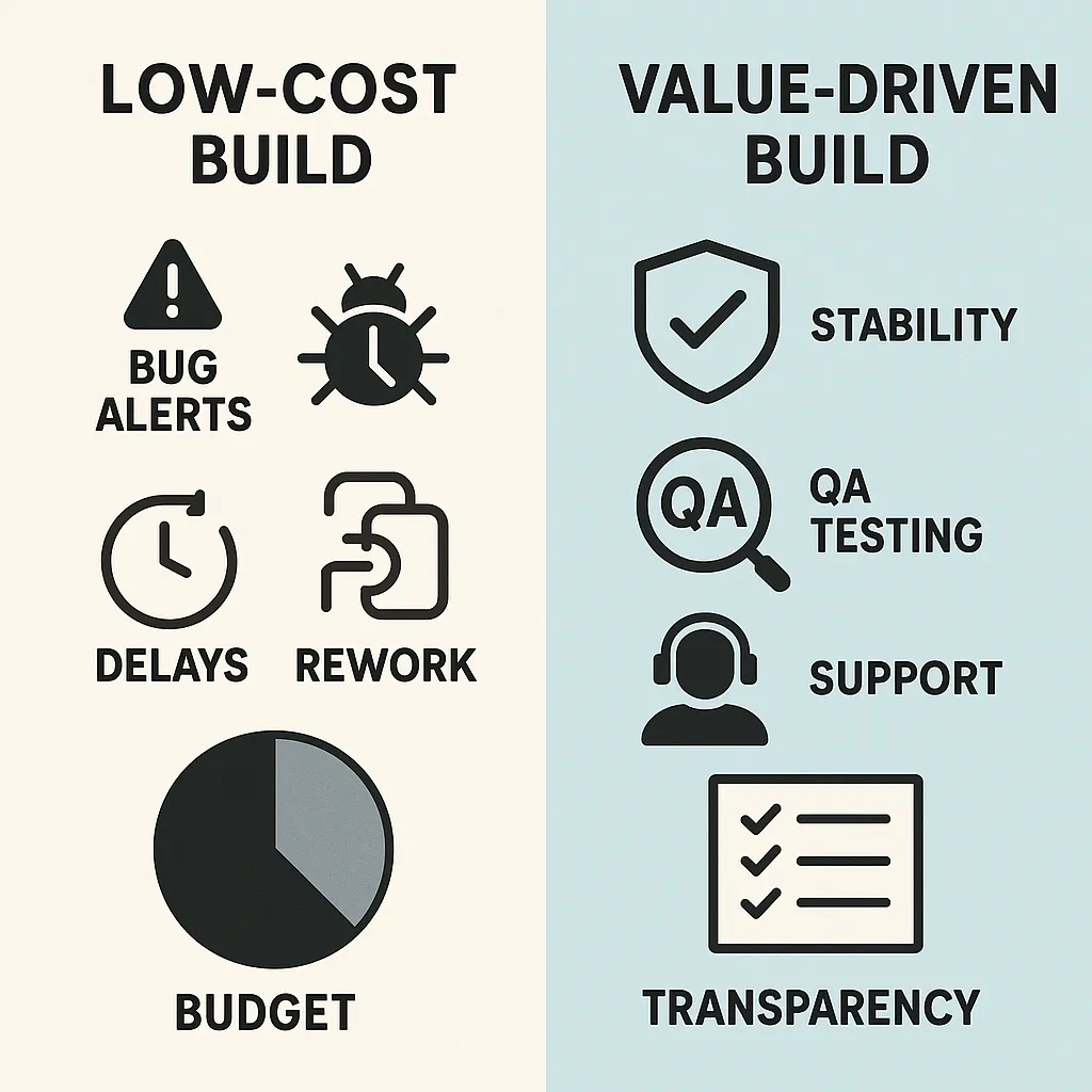 Infographic comparing cheap vs. quality-focused pricing models in clone app development with budget breakdown and quality assurance visuals.