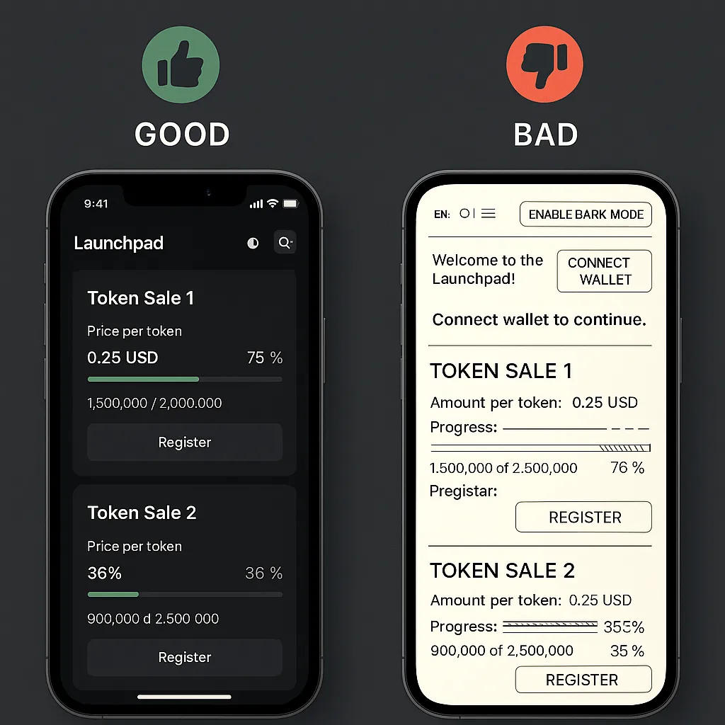 Infographic comparing effective vs. poor UI UX in Pinksale clone apps highlighting user friendly dashboards and responsive design principles