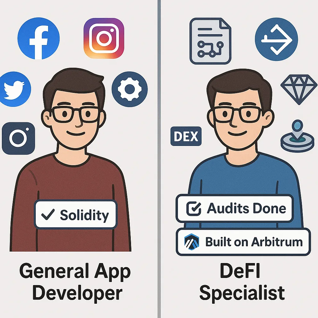 Infographic comparing general app developers vs DeFi-specialized GMX clone developers with icons representing smart contracts, DEX, and Layer 2 blockchain expertise.