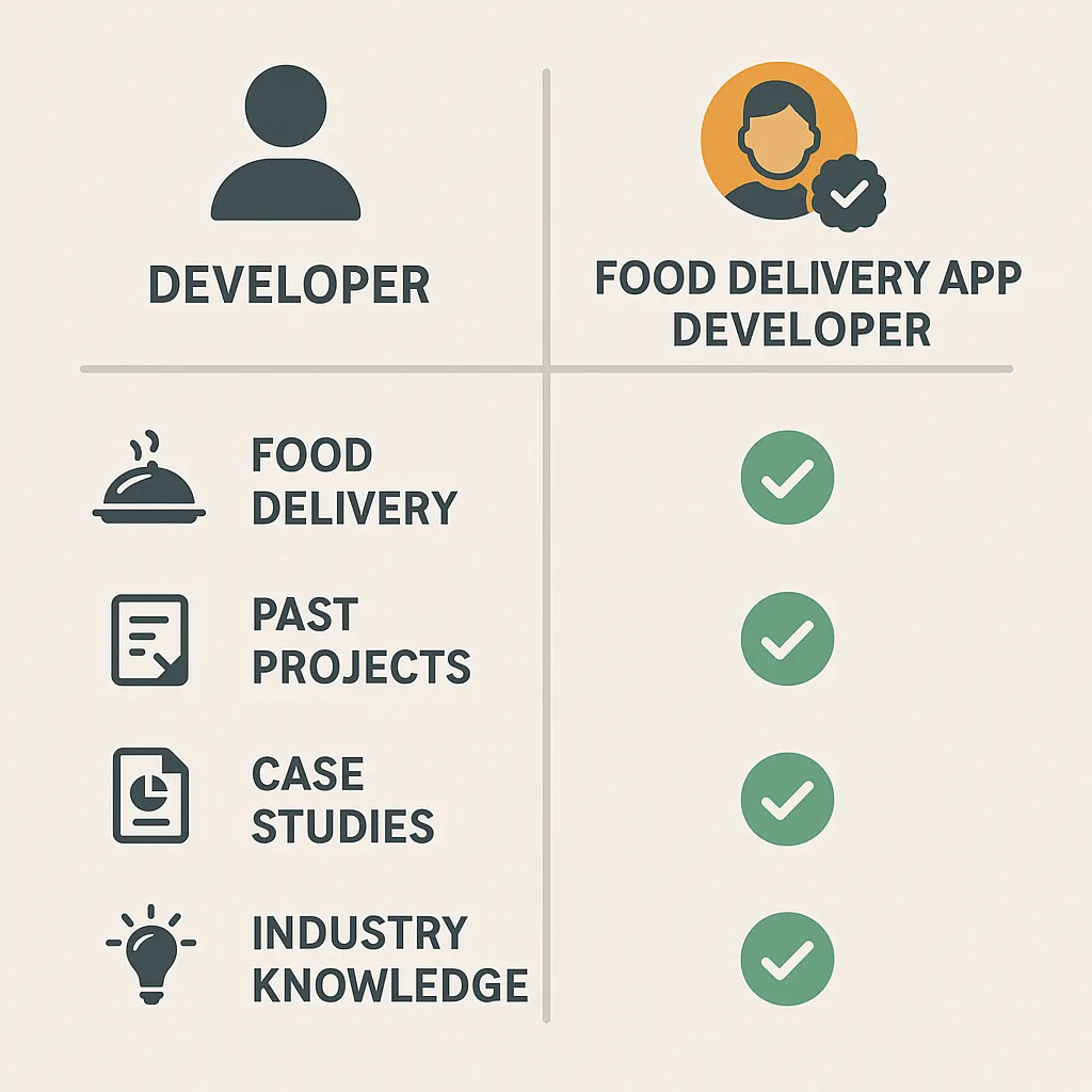 Infographic comparing generalist vs. food delivery app expert developer with highlights on past projects, industry knowledge, and case studies.