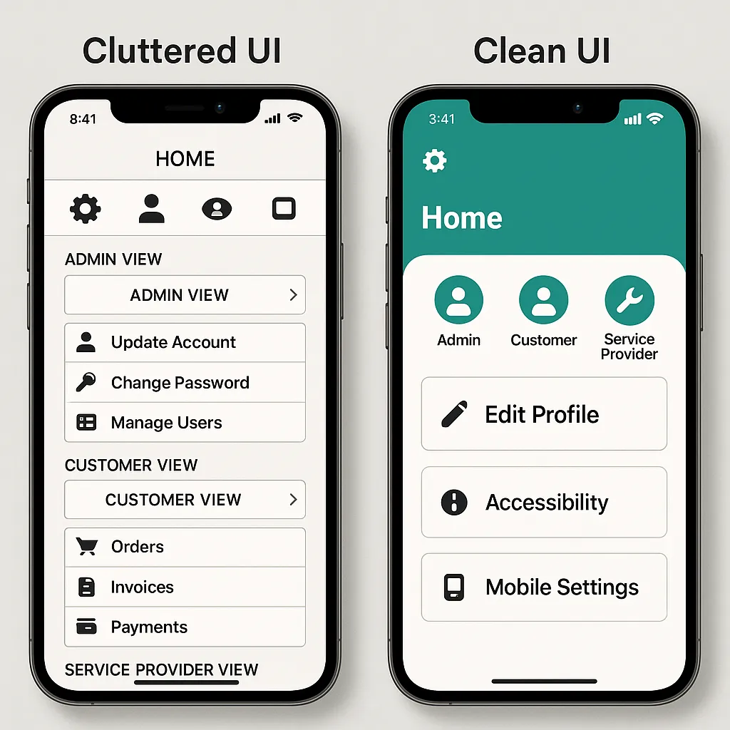 Infographic comparing good vs. poor UI-UX in service apps, emphasizing clean design, customization, and user-role interfaces for UrbanClap clones.