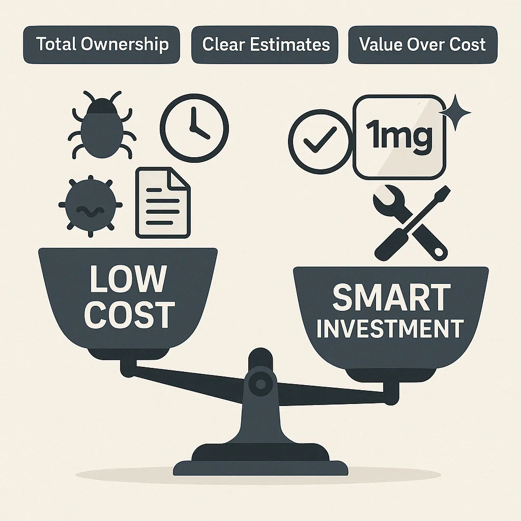 Infographic comparing low-cost vs high-quality pricing in 1mg clone app development with focus on ROI
