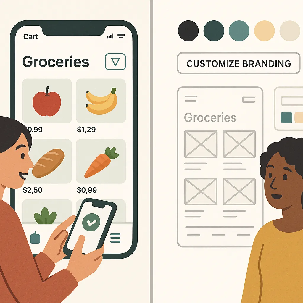 Infographic comparing polished UI-UX design in a grocery app with customization options, wireframes, and mobile-first layouts for user engagement.