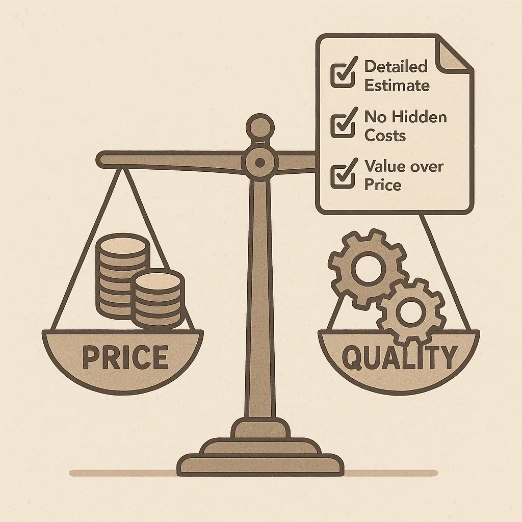 Infographic comparing pricing and quality factors for grocery app development highlighting value driven decision making