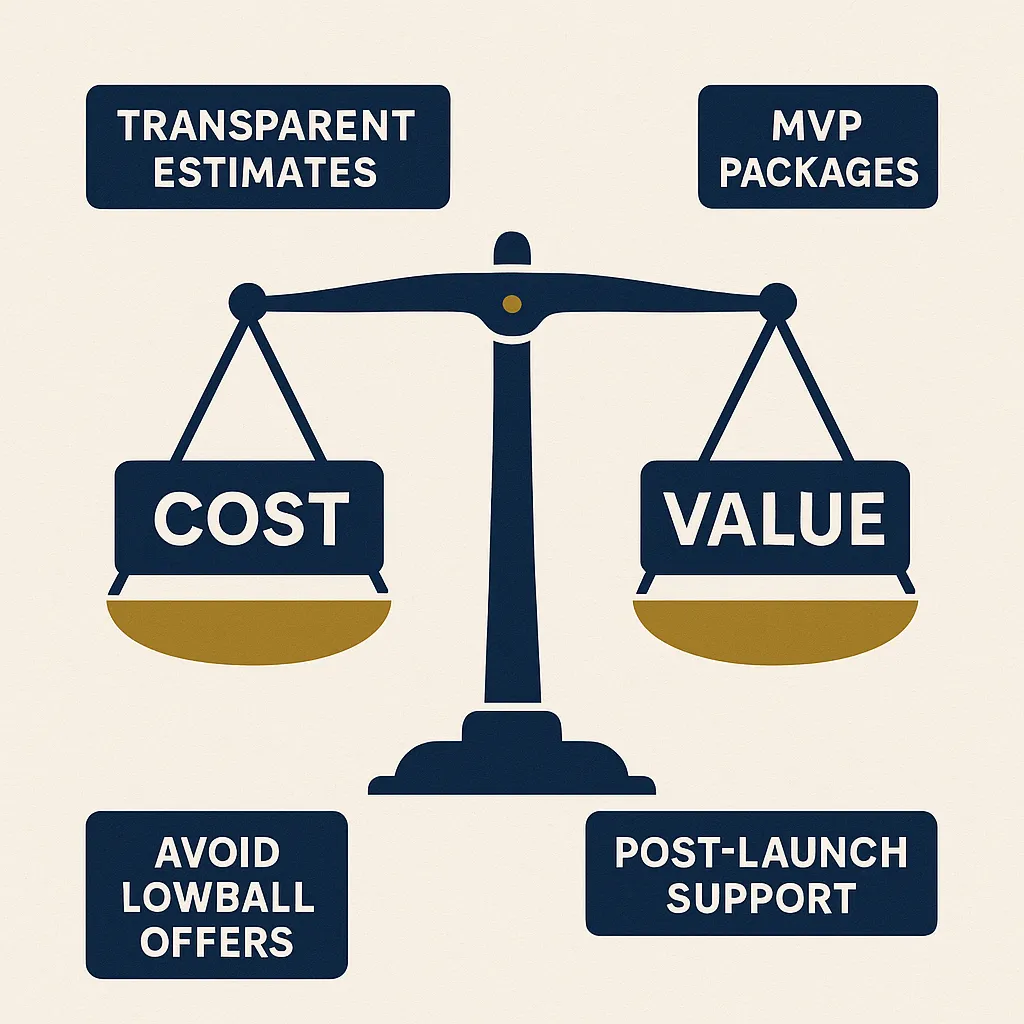Infographic comparing pricing and quality for WeTransfer clone development including estimates, MVP strategy, and long-term value.