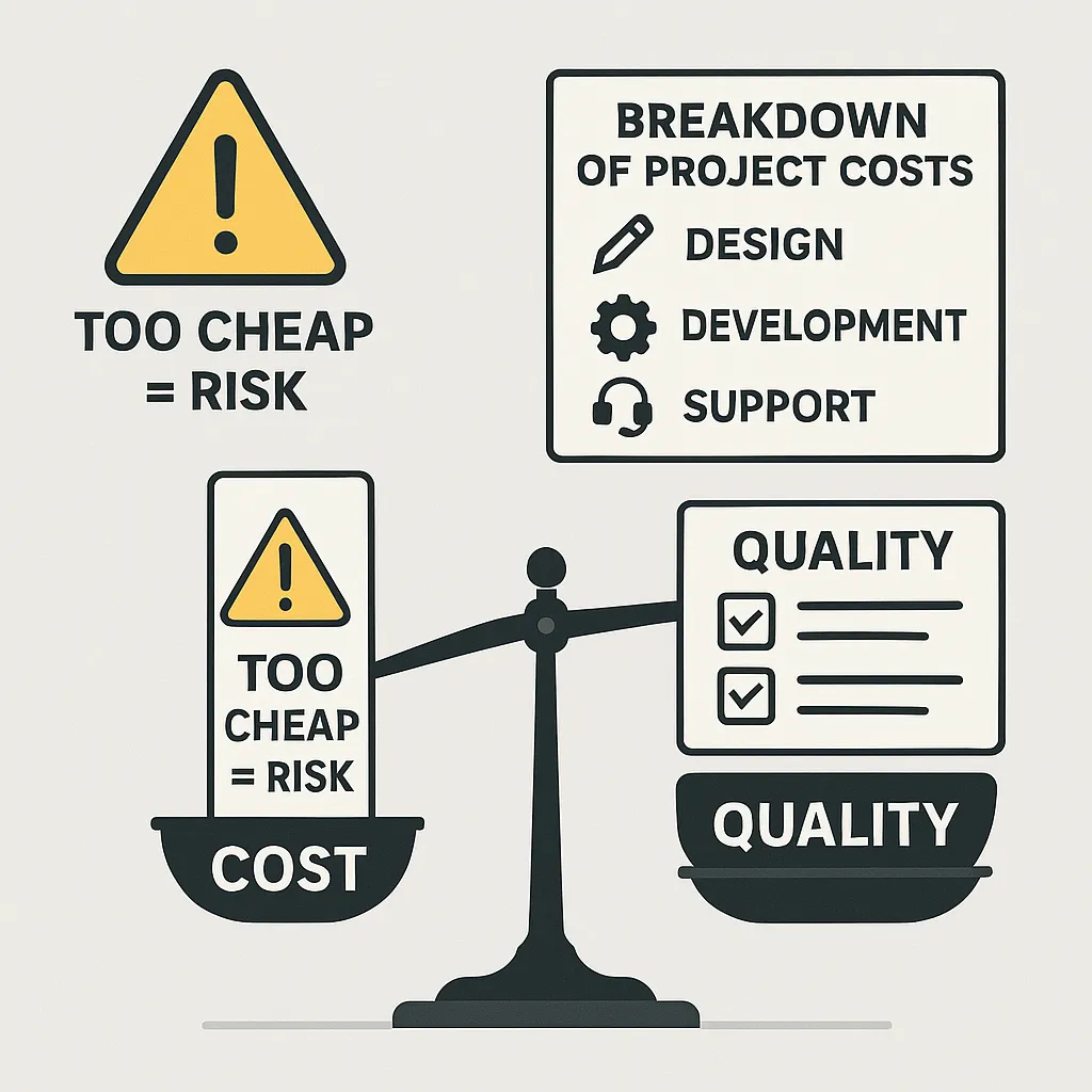 Infographic comparing pricing models and quality benchmarks in Coinbase clone development, with breakdown of service costs and emphasis on avoiding low-quality shortcuts.