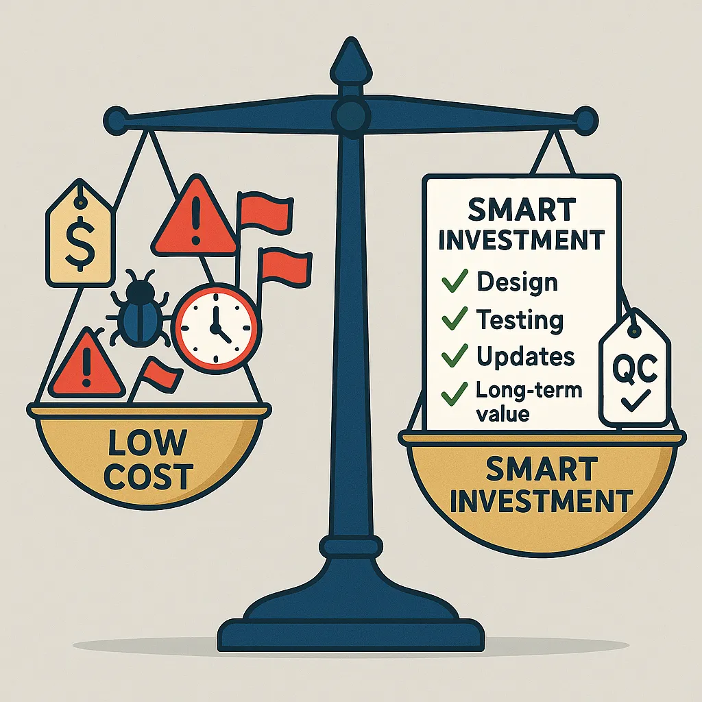 Infographic comparing pricing models, highlighting the difference between low-cost risk and high-quality investment in Grofers clone app development.