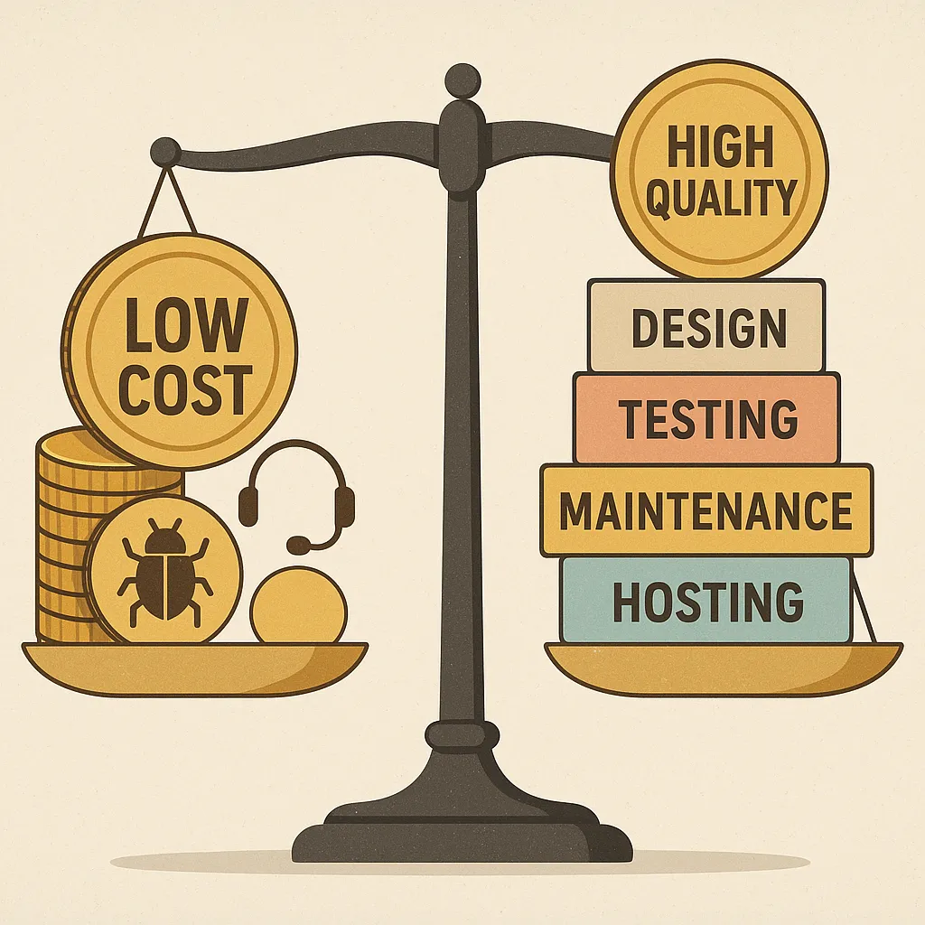Infographic comparing pricing versus quality in Goldbelly clone development, showing trade-offs, hidden costs, and total value through service breakdown blocks.