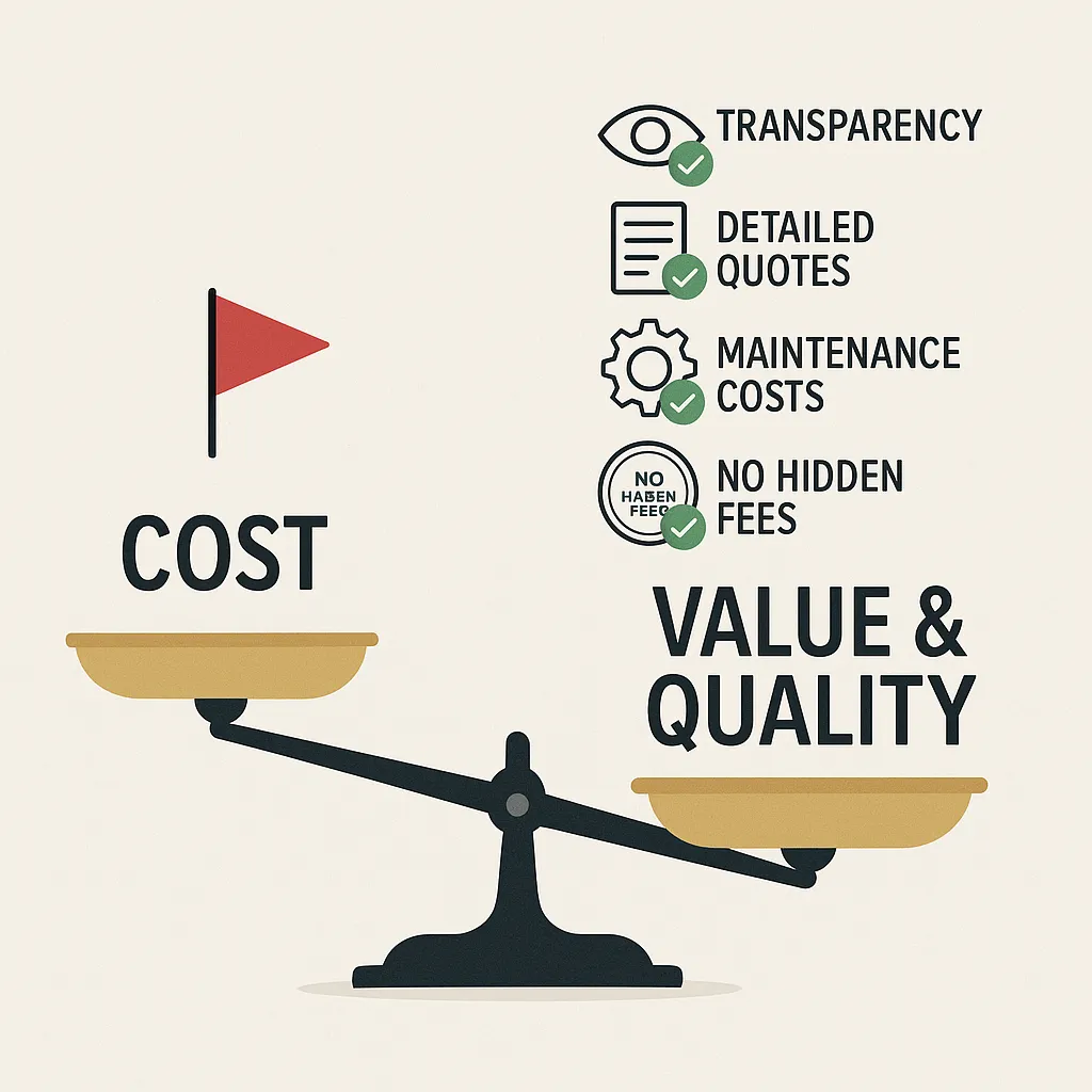 Infographic comparing pricing vs. quality Indrive app development, emphasizing transparency, detailed estimates, and long-term value.