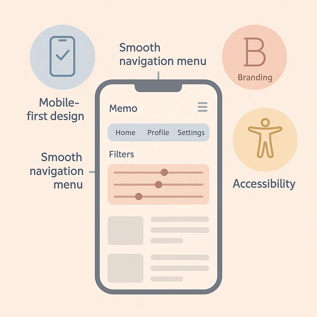 Infographic depicting UI-UX capabilities of a Walmart clone app including mobile-first design, custom branding, and accessible layouts.