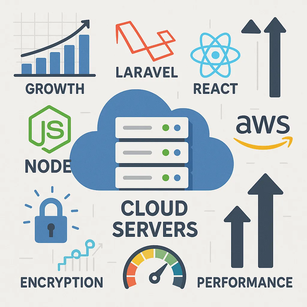 Infographic depicting modern tech stack for Coinbase clone development with icons for cloud infrastructure, secure architecture, and scalable systems like AWS and Node.js.